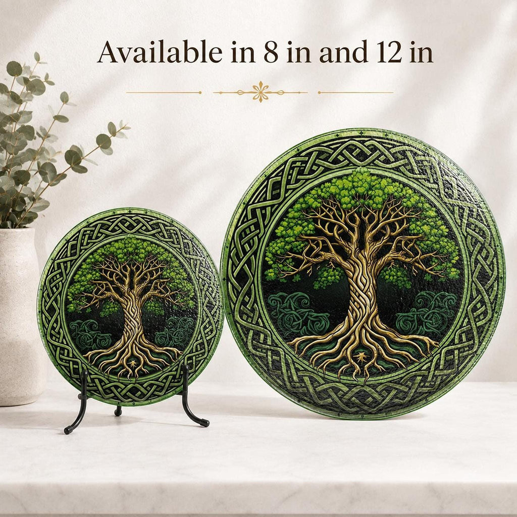 Glass Cutting Board, Round Tempered Celtic Tree Of Life Design