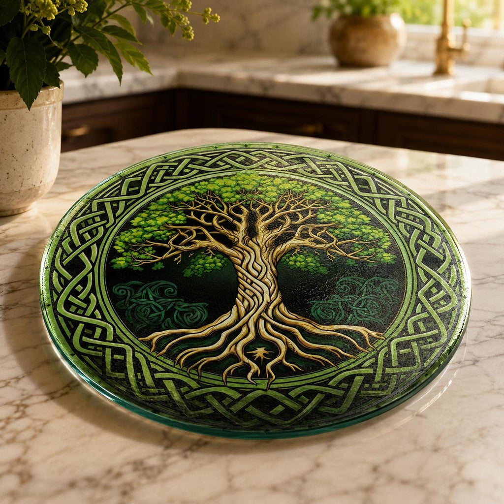 Glass Cutting Board, Round Tempered Celtic Tree Of Life Design
