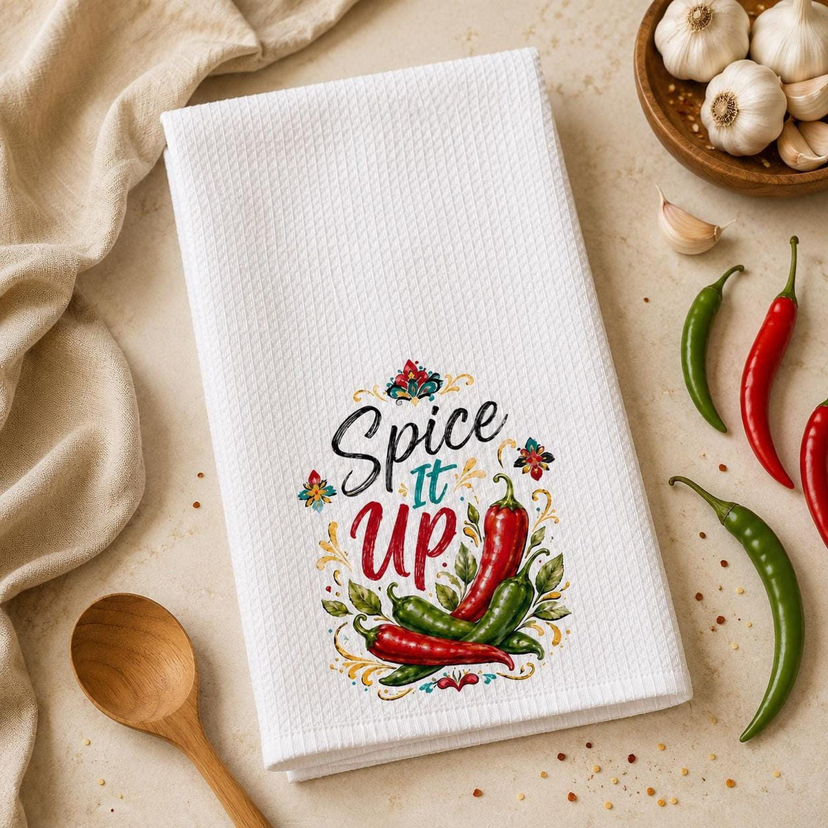 Kitchen Towel, White Waffle Weave with Chili Pepper Artwork
