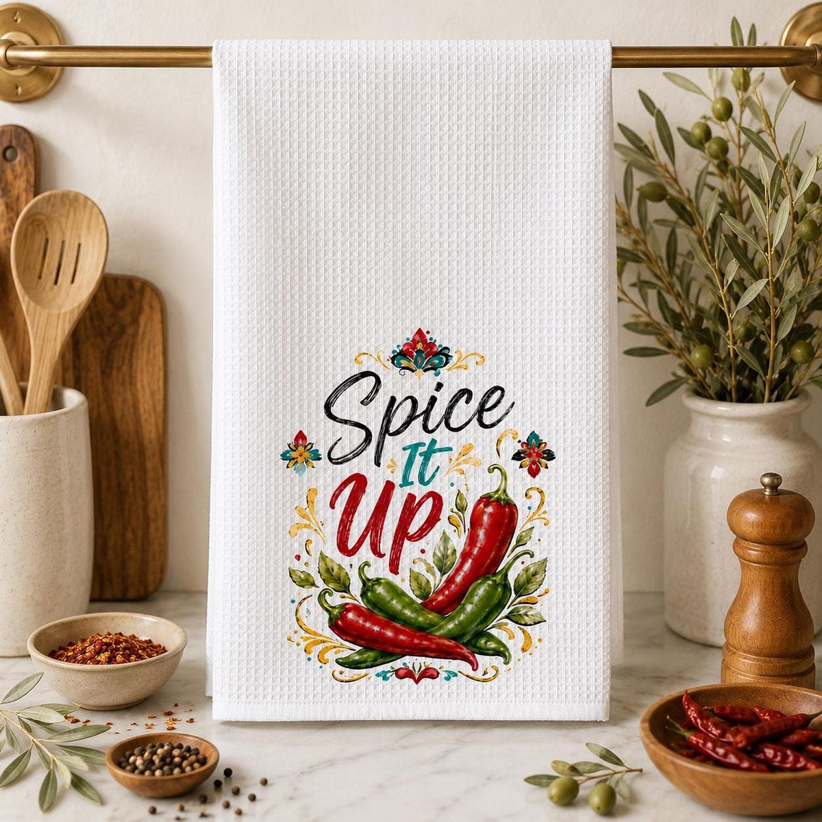 Kitchen Towel, White Waffle Weave with Chili Pepper Artwork