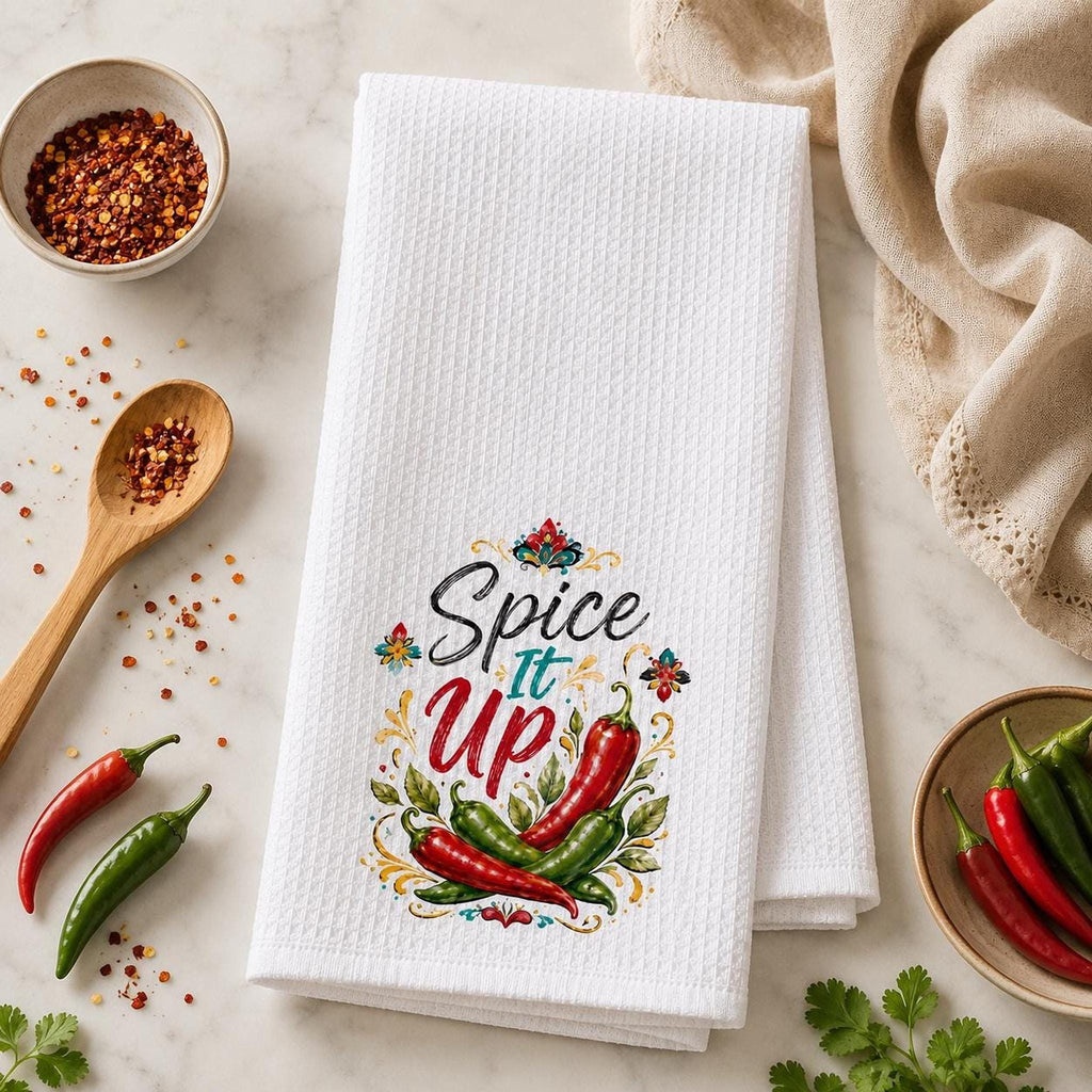 Kitchen Towel, White Waffle Weave with Chili Pepper Artwork