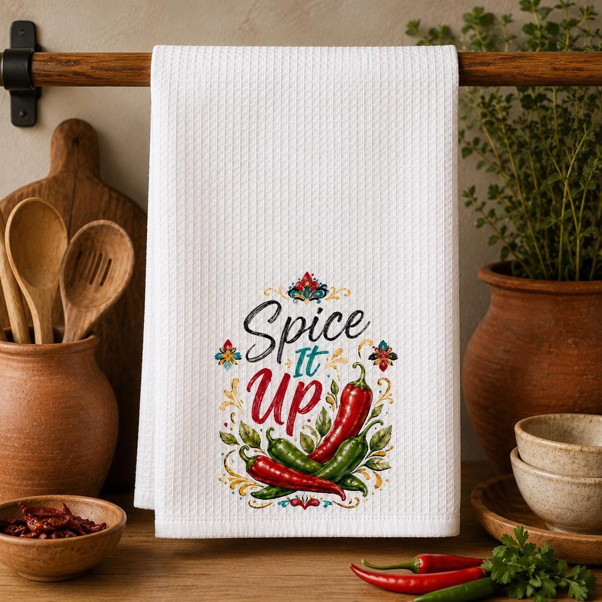 Kitchen Towel, White Waffle Weave with Chili Pepper Artwork