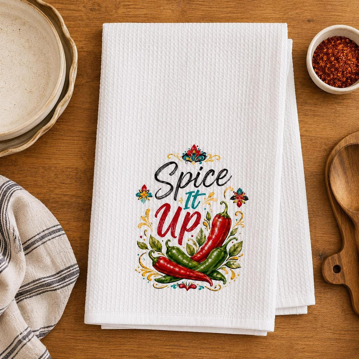 Kitchen Towel, White Waffle Weave with Chili Pepper Artwork