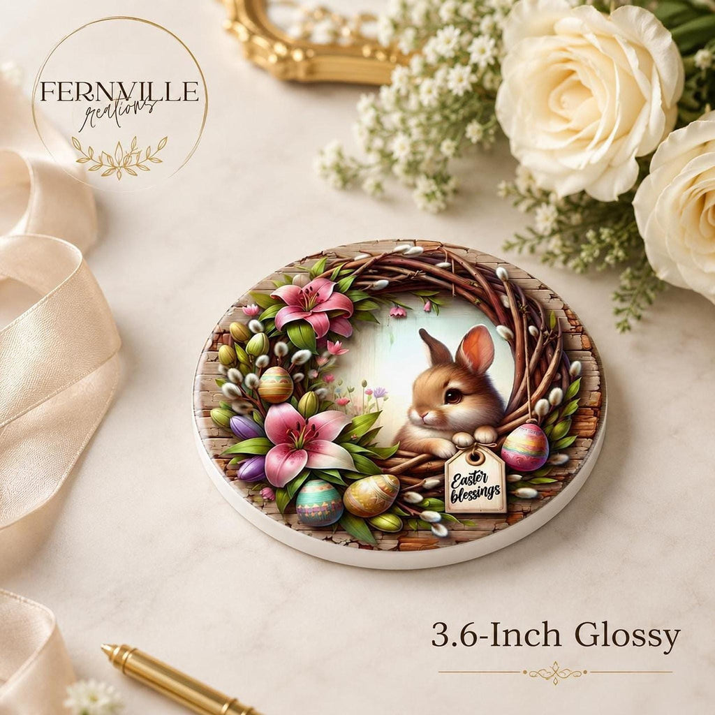 Easter Coaster, Ceramic Bunny Decor with Floral Wreath and Cork Backing
