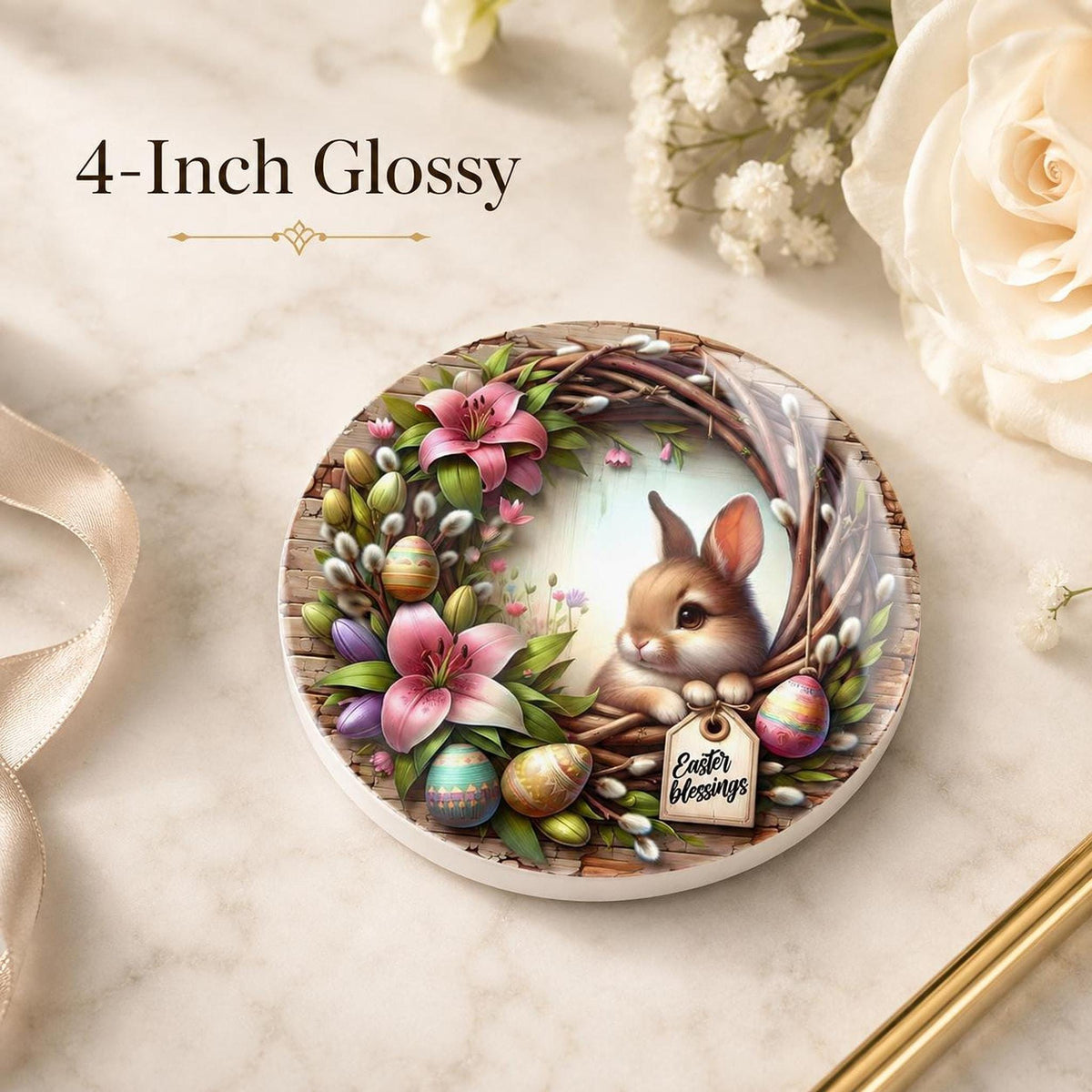Easter Coaster, Ceramic Bunny Decor with Floral Wreath and Cork Backing