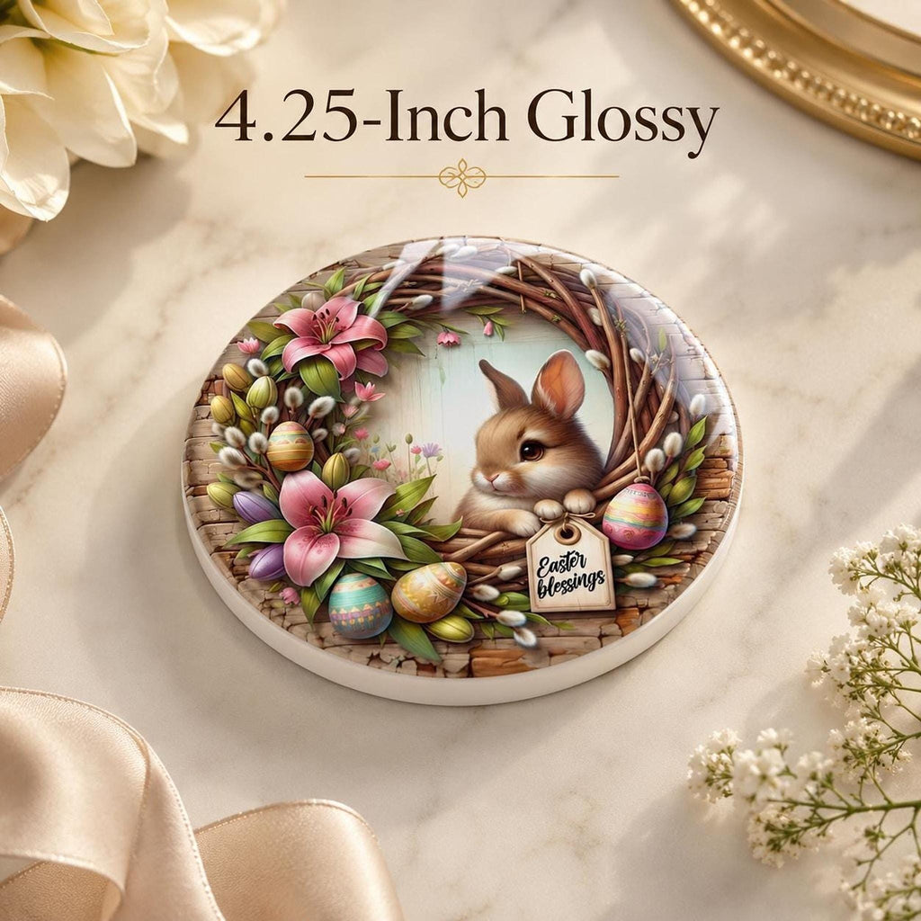 Easter Coaster, Ceramic Bunny Decor with Floral Wreath and Cork Backing