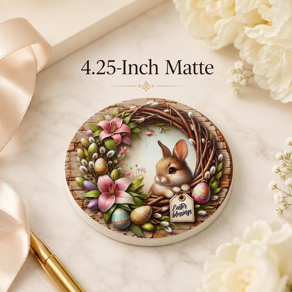 Easter Coaster, Ceramic Bunny Decor with Floral Wreath and Cork Backing