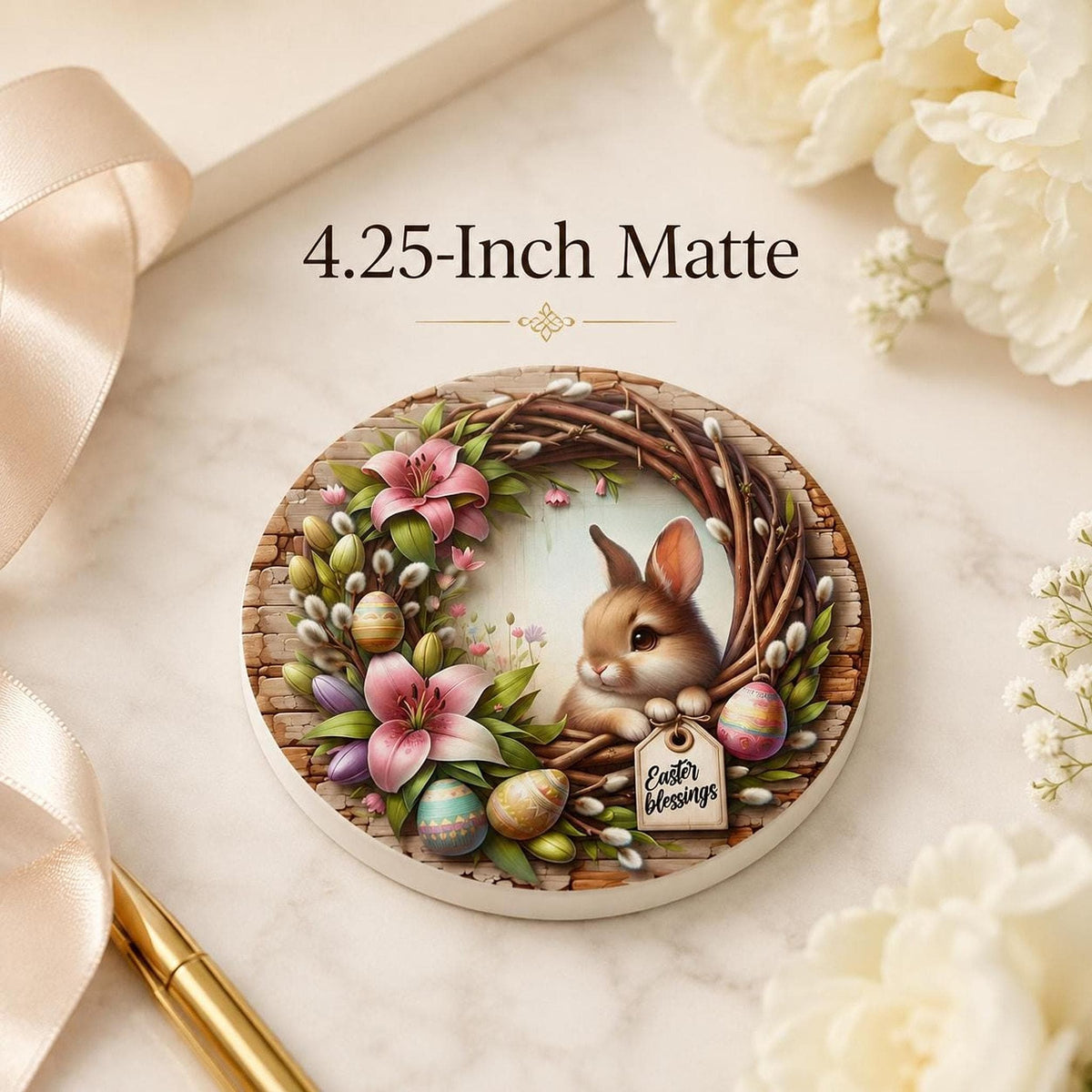 Easter Coaster, Ceramic Bunny Decor with Floral Wreath and Cork Backing