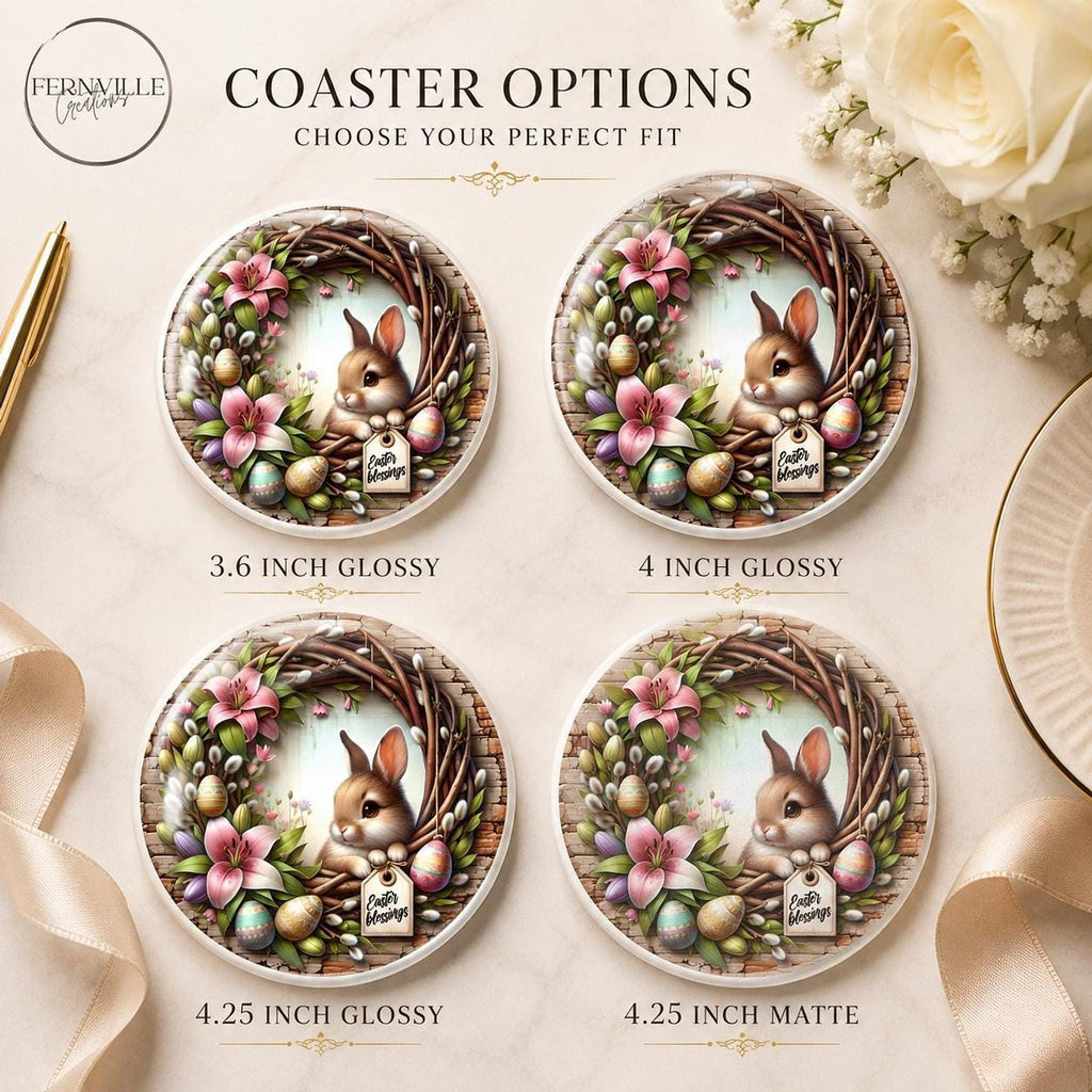 Easter Coaster, Ceramic Bunny Decor with Floral Wreath and Cork Backing
