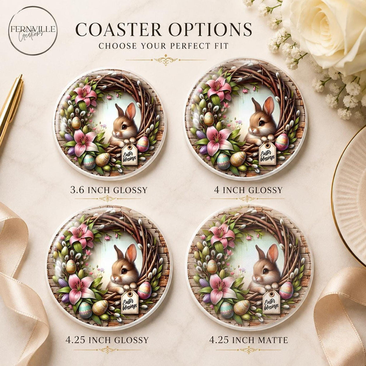 Easter Coaster, Ceramic Bunny Decor with Floral Wreath and Cork Backing