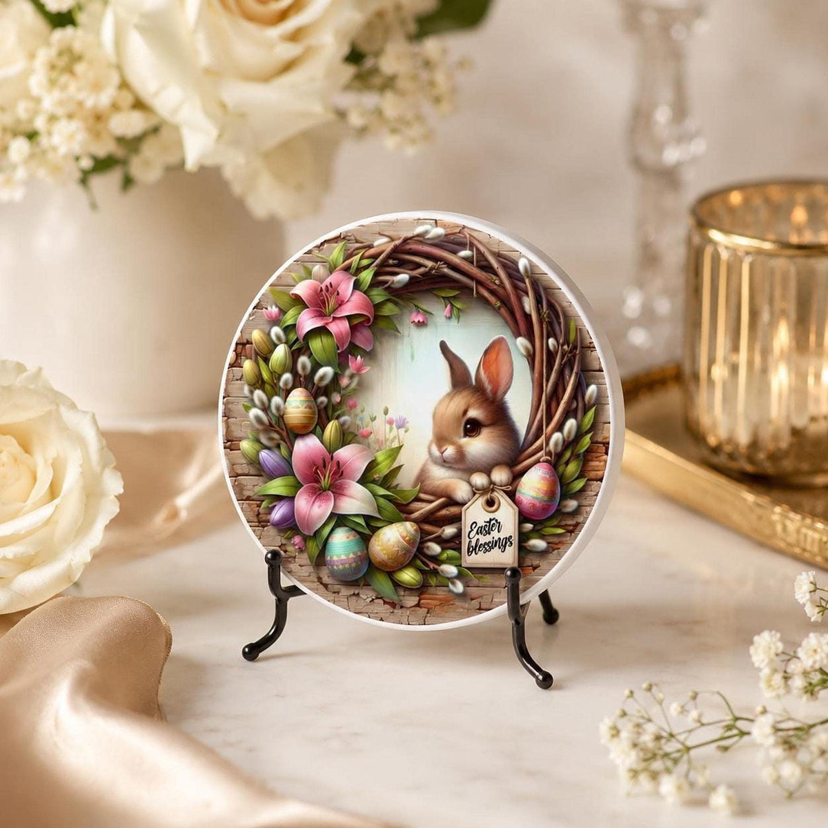 Easter Coaster, Ceramic Bunny Decor with Floral Wreath and Cork Backing