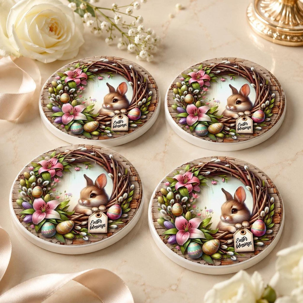 Easter Coaster, Ceramic Bunny Decor with Floral Wreath and Cork Backing