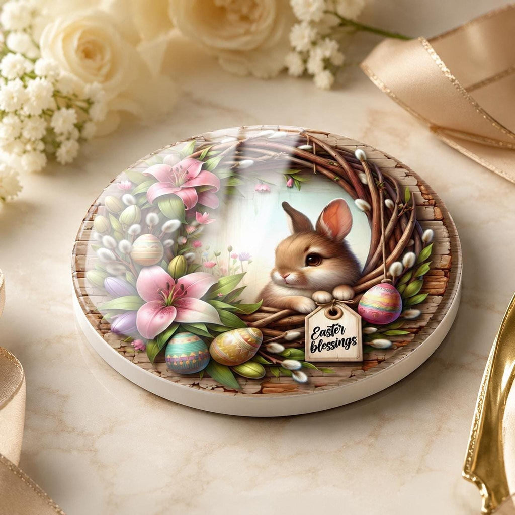 Easter Coaster, Ceramic Bunny Decor with Floral Wreath and Cork Backing