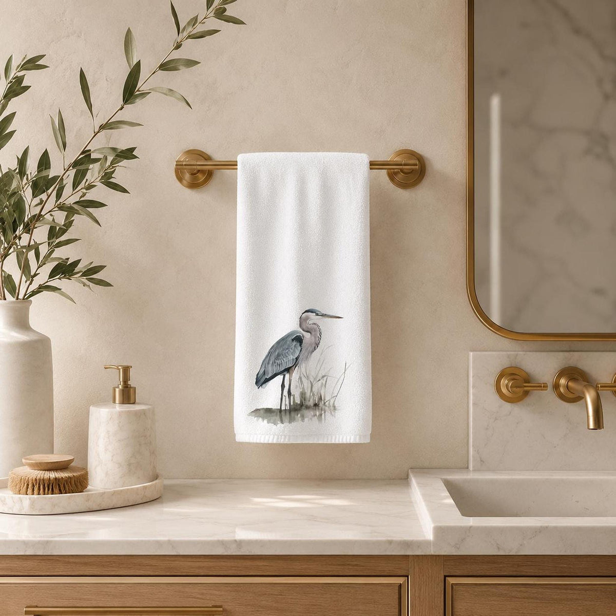 Cotton Bath Towel, Blue Heron Design, 15 x 25 Inch, White Terrycloth