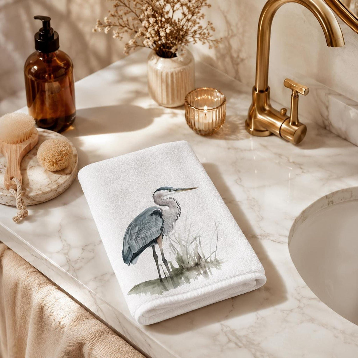 Cotton Bath Towel, Blue Heron Design, 15 x 25 Inch, White Terrycloth