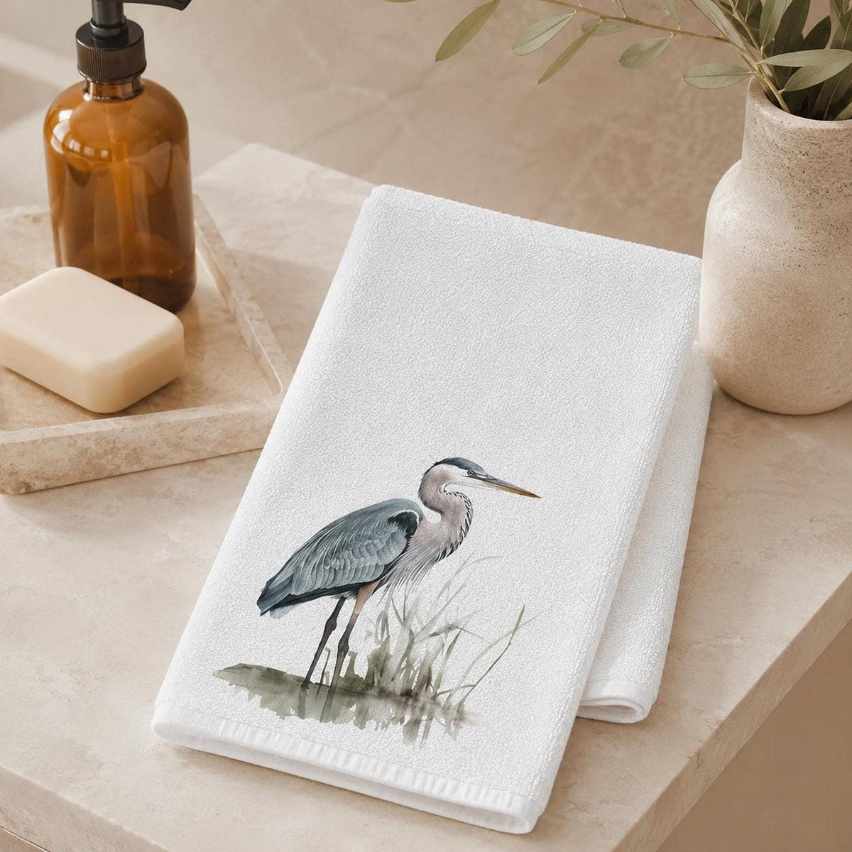 Cotton Bath Towel, Blue Heron Design, 15 x 25 Inch, White Terrycloth