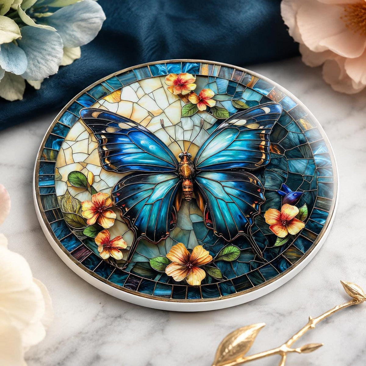 Blue Butterfly Ceramic Coaster, Stained Glass Floral Decor, Nature Lover Gift, Botanical Home Accent