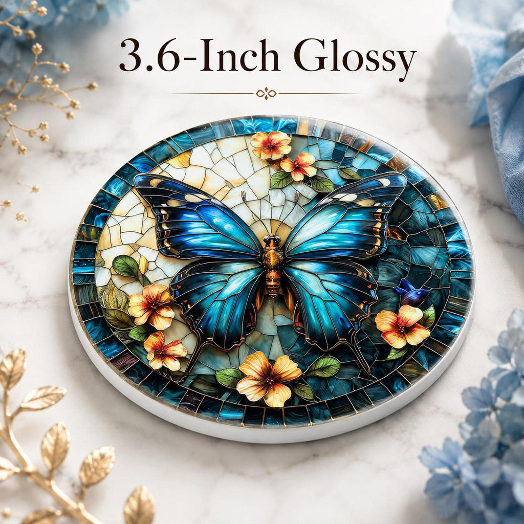 Blue Butterfly Ceramic Coaster, Stained Glass Floral Decor, Nature Lover Gift, Botanical Home Accent
