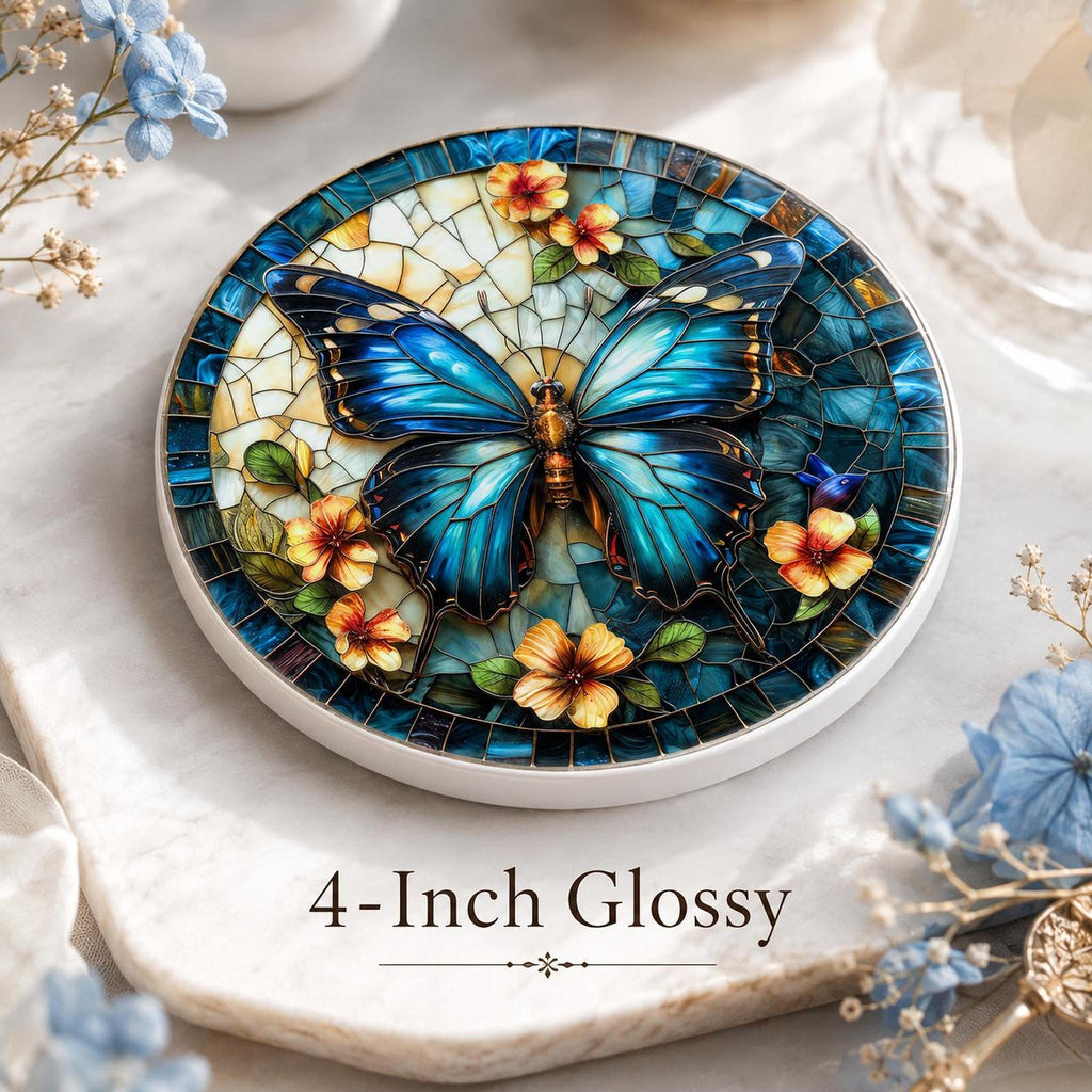 Blue Butterfly Ceramic Coaster, Stained Glass Floral Decor, Nature Lover Gift, Botanical Home Accent