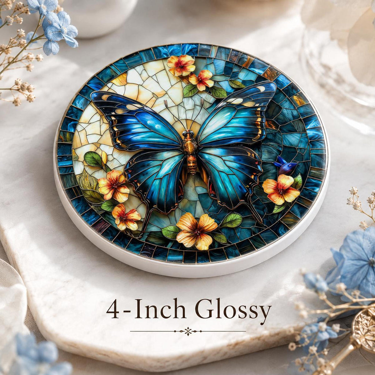 Blue Butterfly Ceramic Coaster, Stained Glass Floral Decor, Nature Lover Gift, Botanical Home Accent