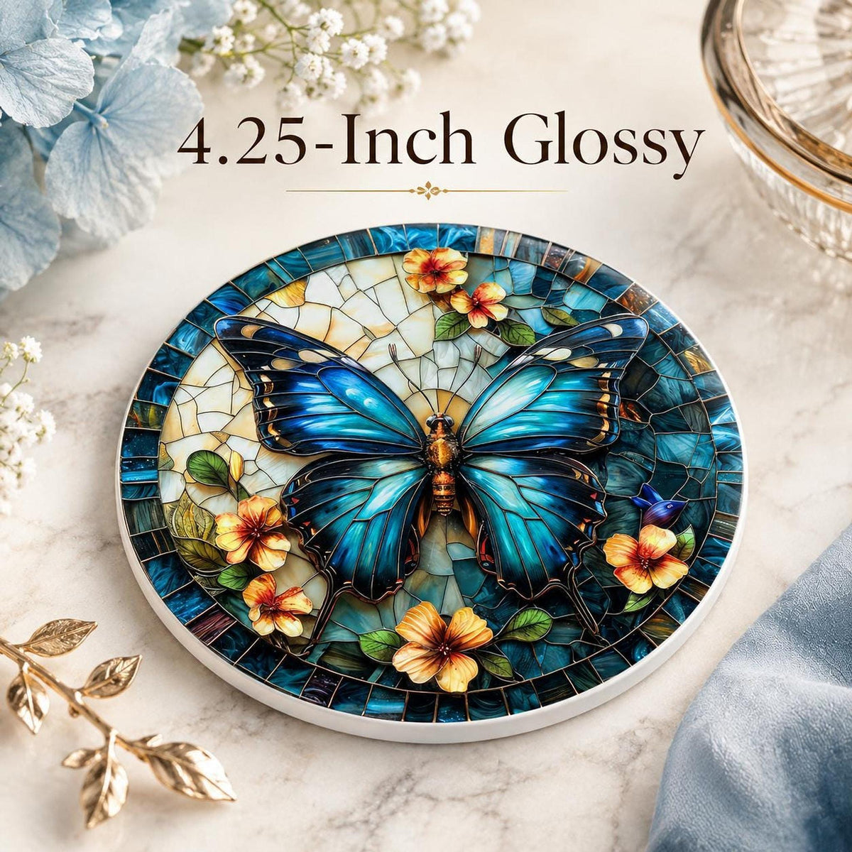 Blue Butterfly Ceramic Coaster, Stained Glass Floral Decor, Nature Lover Gift, Botanical Home Accent
