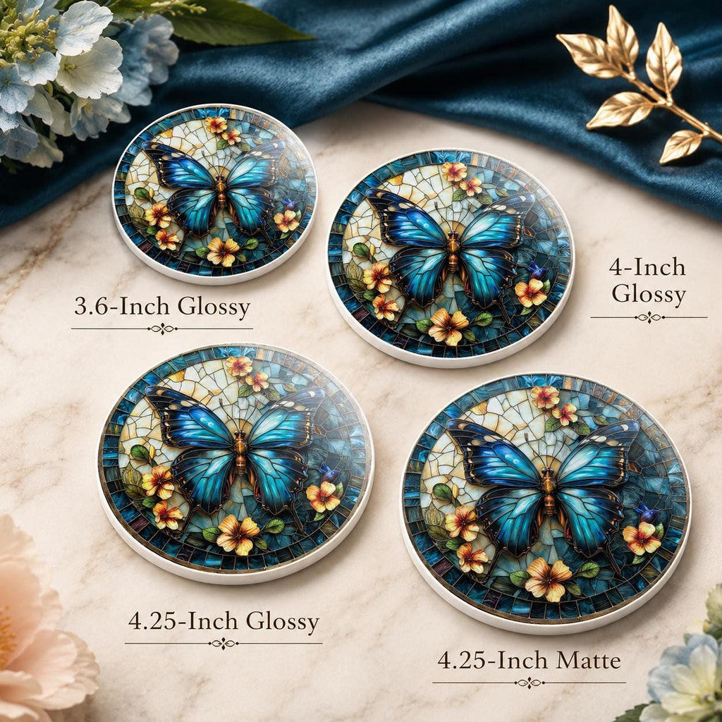 Blue Butterfly Ceramic Coaster, Stained Glass Floral Decor, Nature Lover Gift, Botanical Home Accent