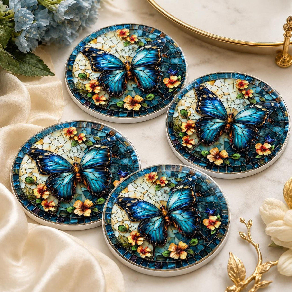 Blue Butterfly Ceramic Coaster, Stained Glass Floral Decor, Nature Lover Gift, Botanical Home Accent