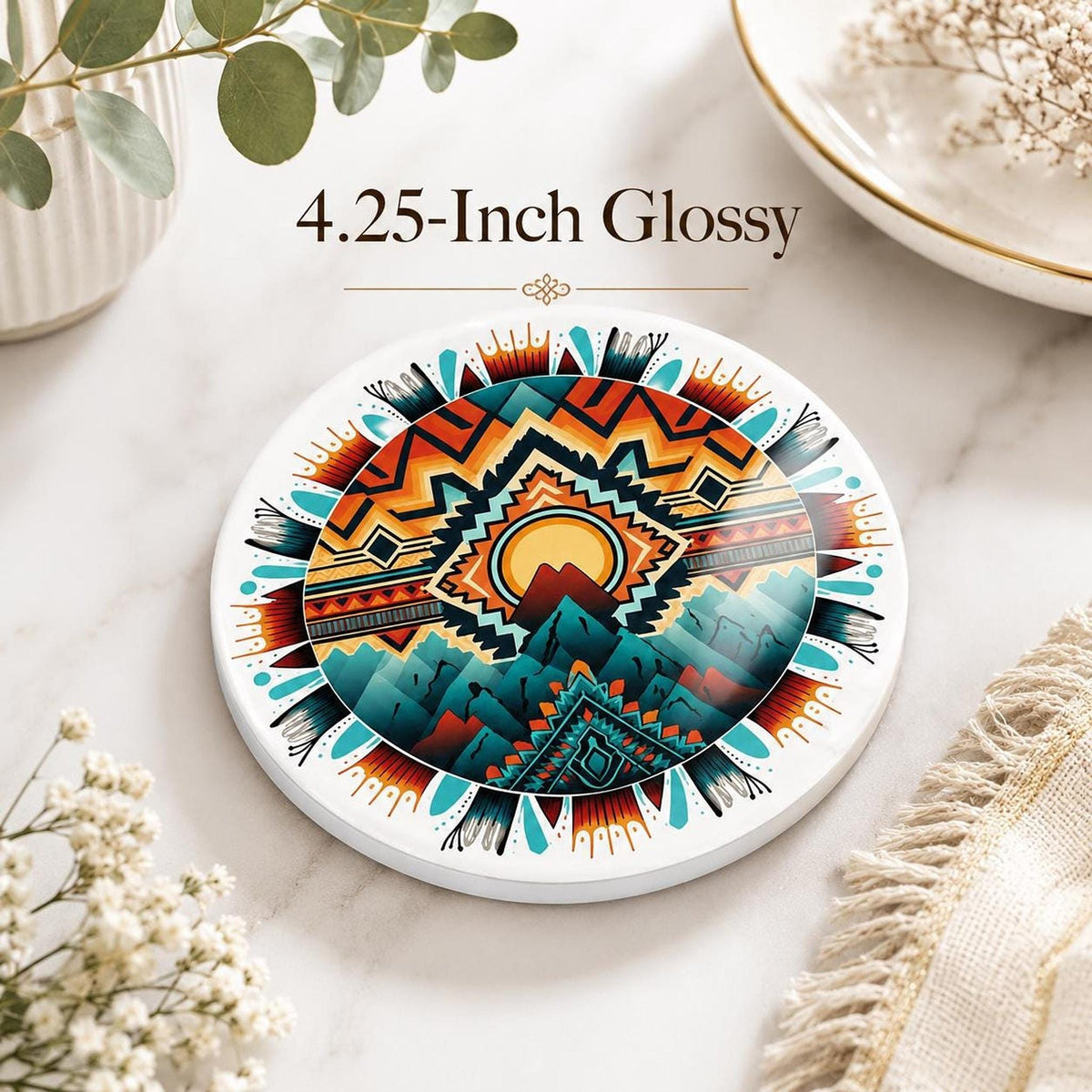 Southwestern Mountain Ceramic Coaster, Boho Desert Decor, Geometric Drink Coaster, Nature Lover Gift