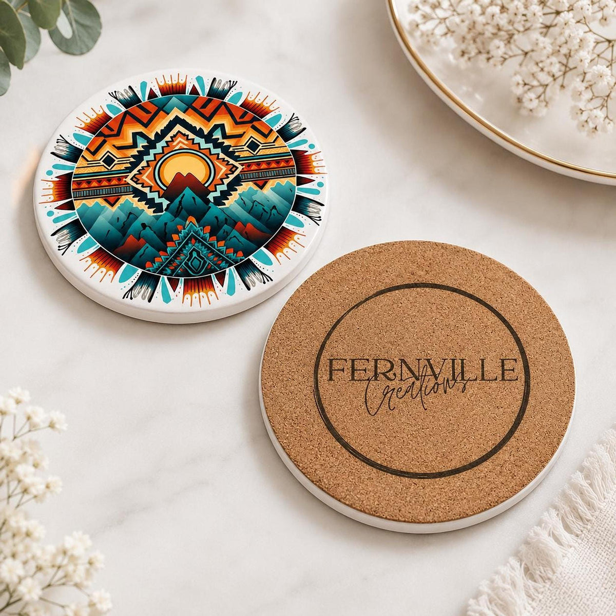 Southwestern Mountain Ceramic Coaster, Boho Desert Decor, Geometric Drink Coaster, Nature Lover Gift