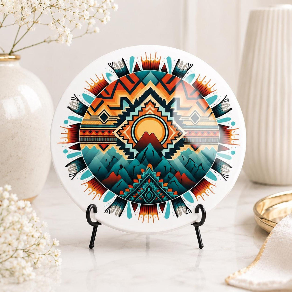 Southwestern Mountain Ceramic Coaster, Boho Desert Decor, Geometric Drink Coaster, Nature Lover Gift