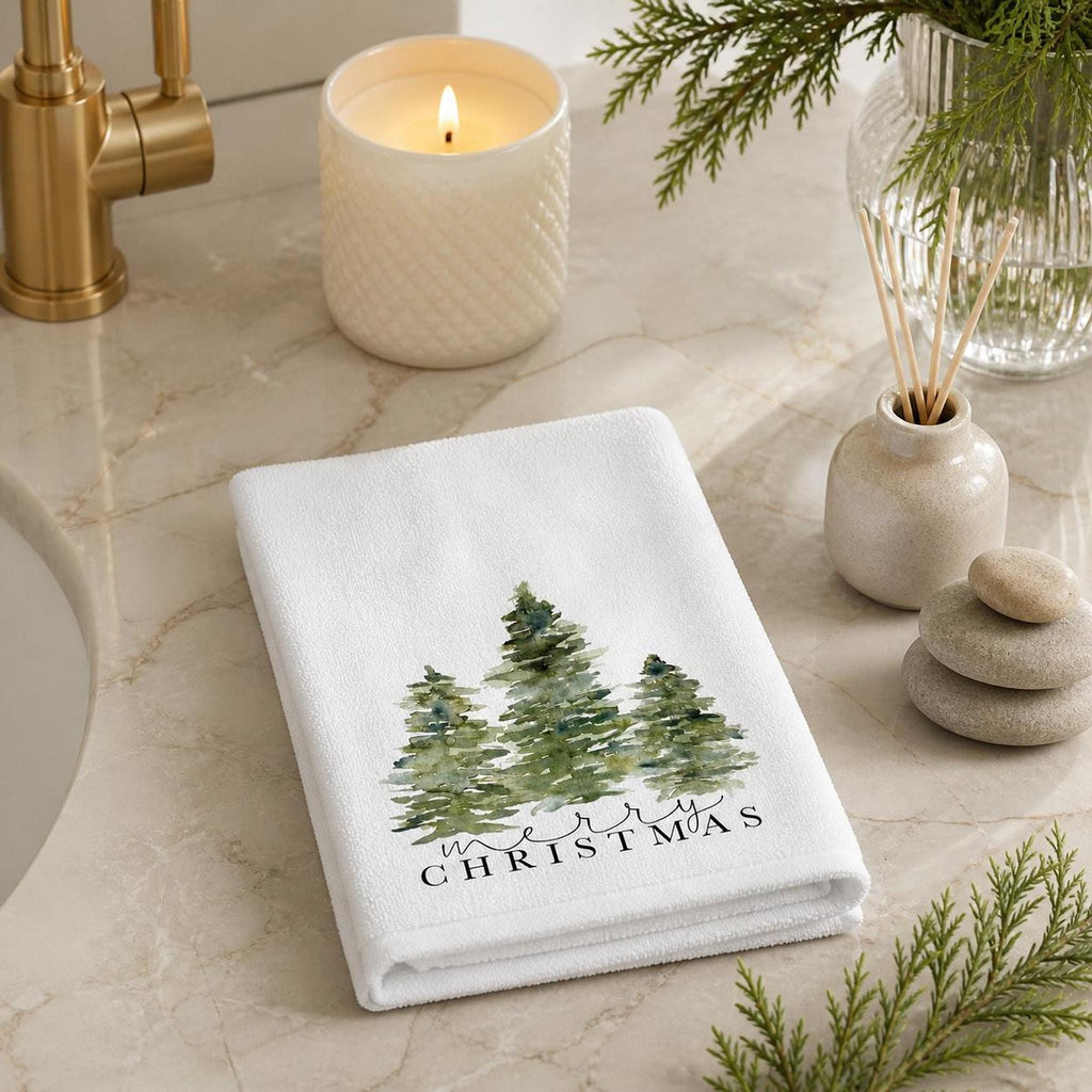Christmas Towel, White Fingertip Design with Cotton Terrycloth Back
