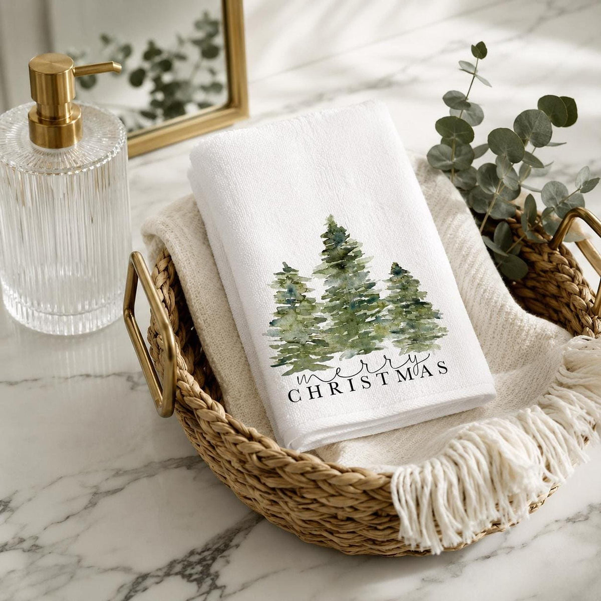 Christmas Towel, White Fingertip Design with Cotton Terrycloth Back