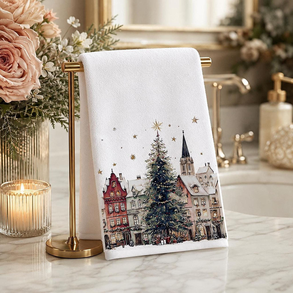 Fingertip Towel, White Christmas Village Print, Sheared Polyester And Cotton Terrycloth