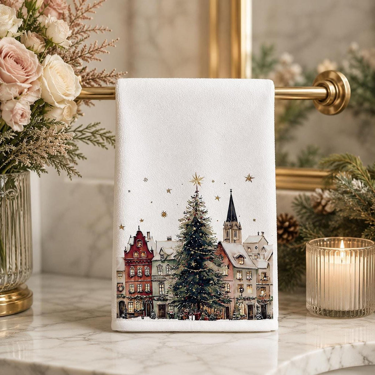 Fingertip Towel, White Christmas Village Print, Sheared Polyester And Cotton Terrycloth