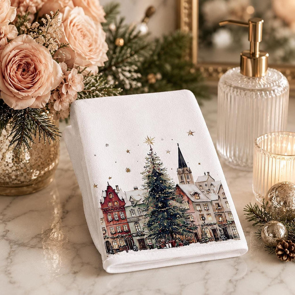 Fingertip Towel, White Christmas Village Print, Sheared Polyester And Cotton Terrycloth