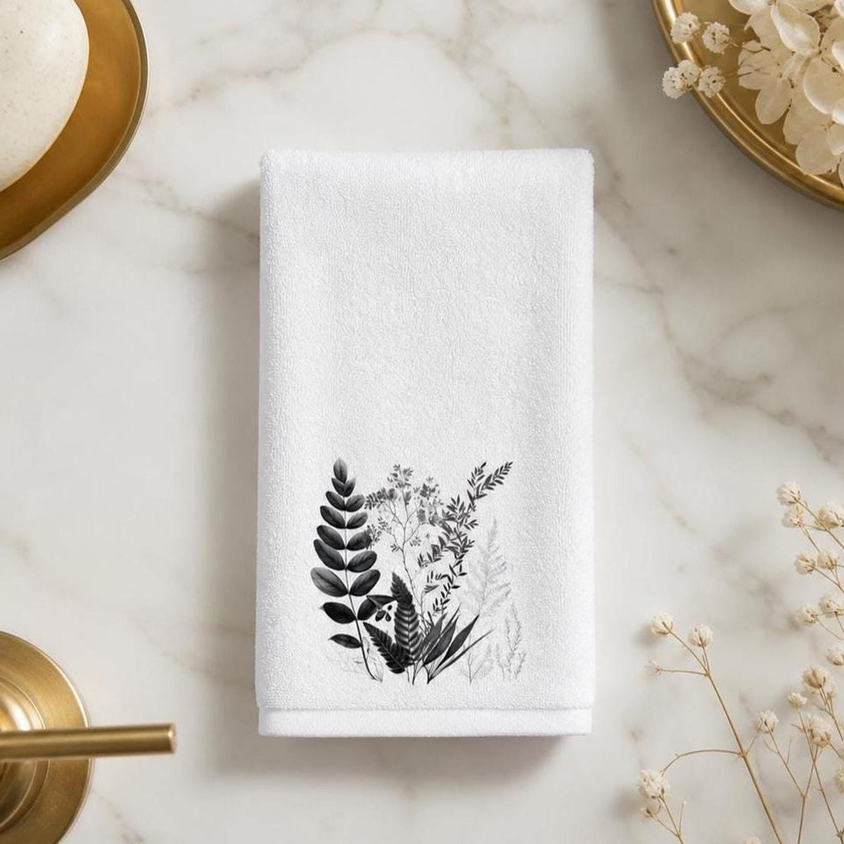 Fingertip Towel, White Botanical Decor with Black Floral Print