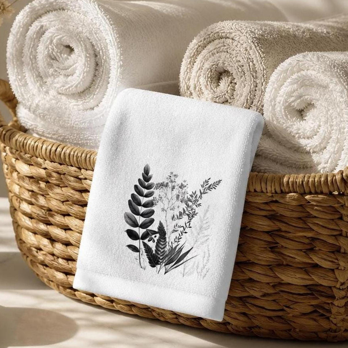Fingertip Towel, White Botanical Decor with Black Floral Print