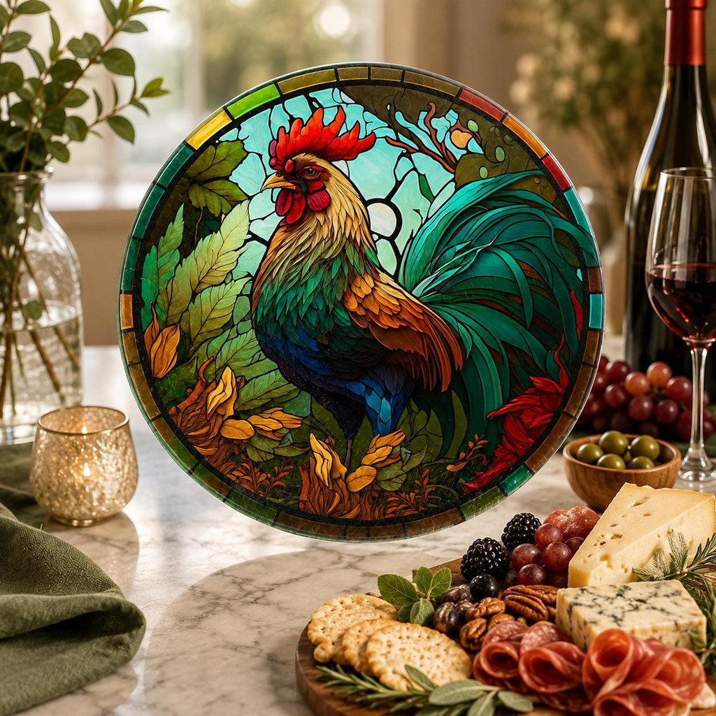 Glass Cutting Board, Round Tempered Rooster Artwork for Charcuterie Serving