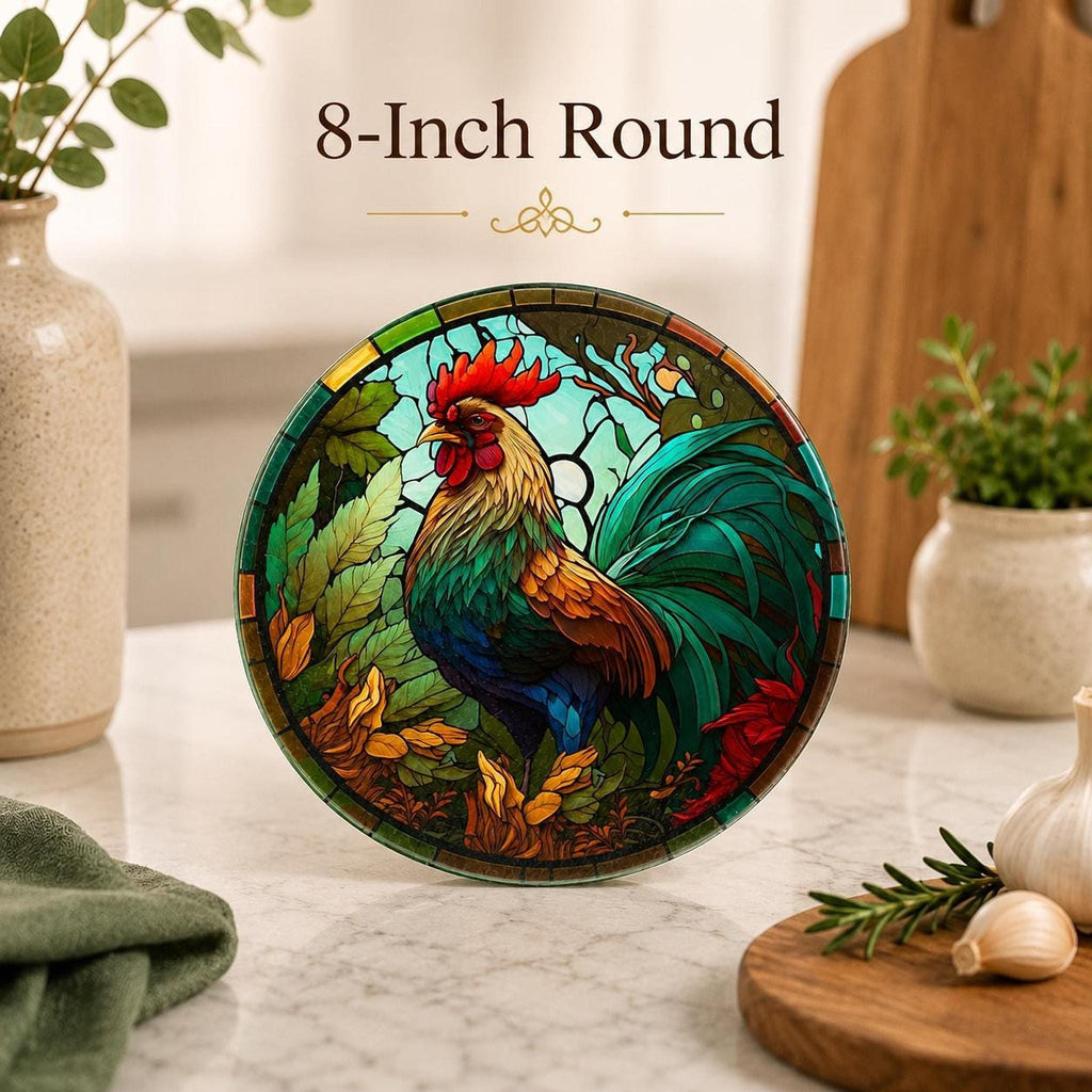 Glass Cutting Board, Round Tempered Rooster Artwork for Charcuterie Serving