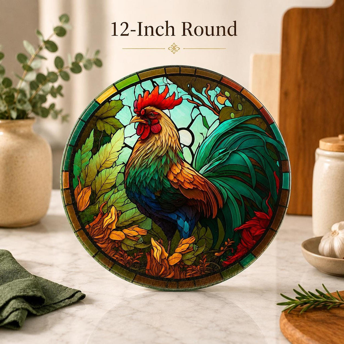 Glass Cutting Board, Round Tempered Rooster Artwork for Charcuterie Serving