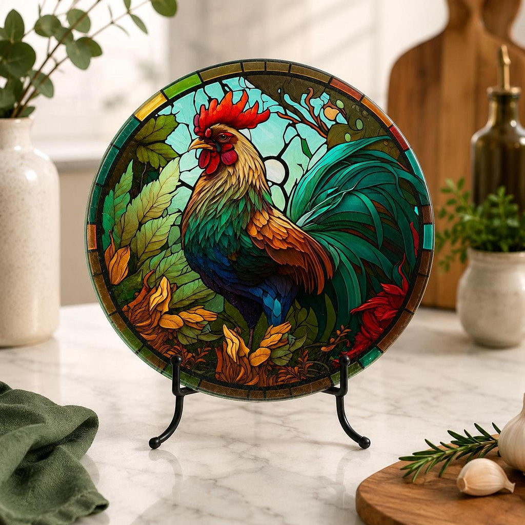 Glass Cutting Board, Round Tempered Rooster Artwork for Charcuterie Serving