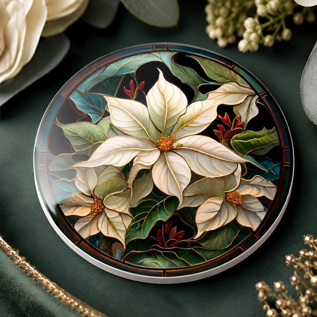 Poinsettia Coaster, White Ceramic Holiday Decor with Cork Backing