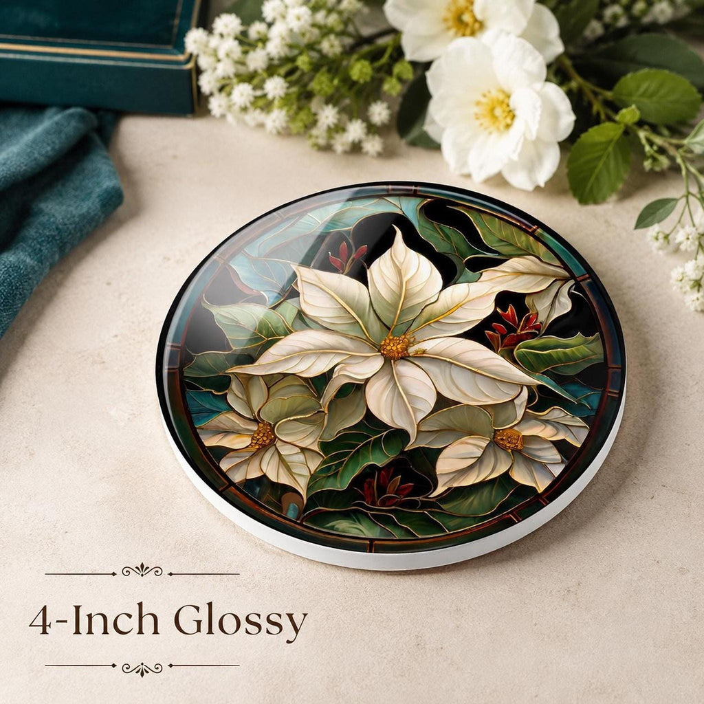 Poinsettia Coaster, White Ceramic Holiday Decor with Cork Backing