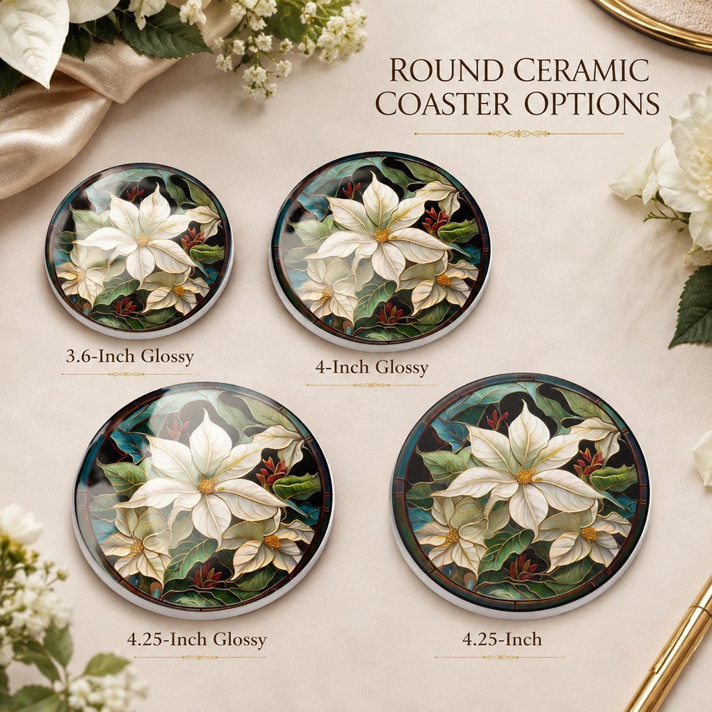 Poinsettia Coaster, White Ceramic Holiday Decor with Cork Backing