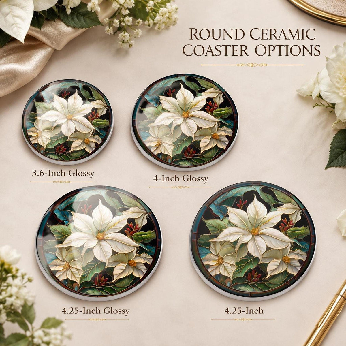 Poinsettia Coaster, White Ceramic Holiday Decor with Cork Backing