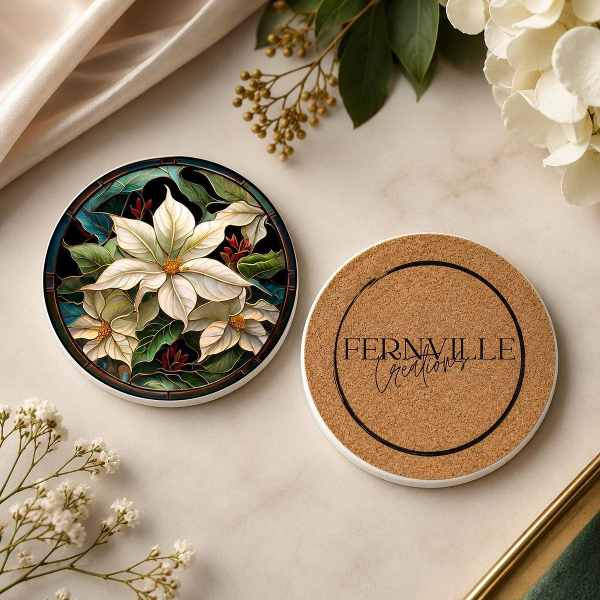 Poinsettia Coaster, White Ceramic Holiday Decor with Cork Backing