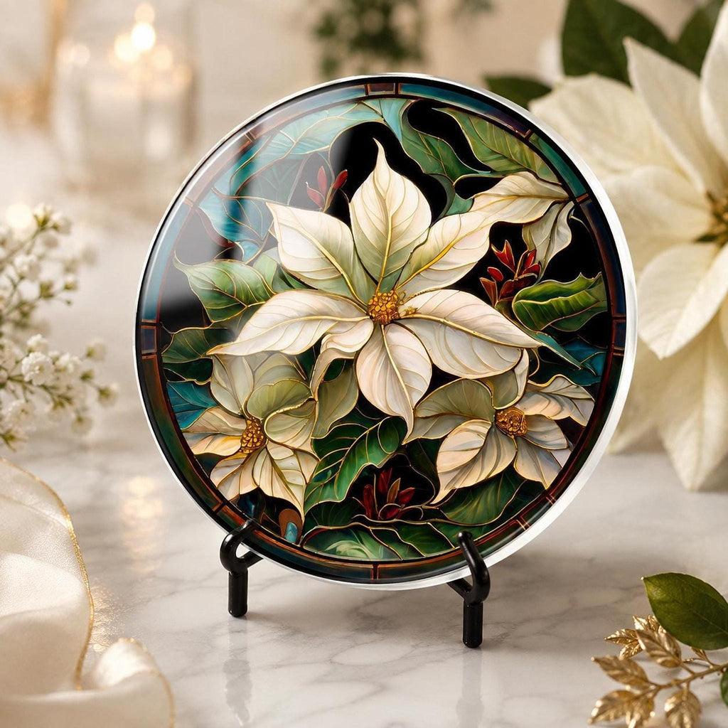 Poinsettia Coaster, White Ceramic Holiday Decor with Cork Backing