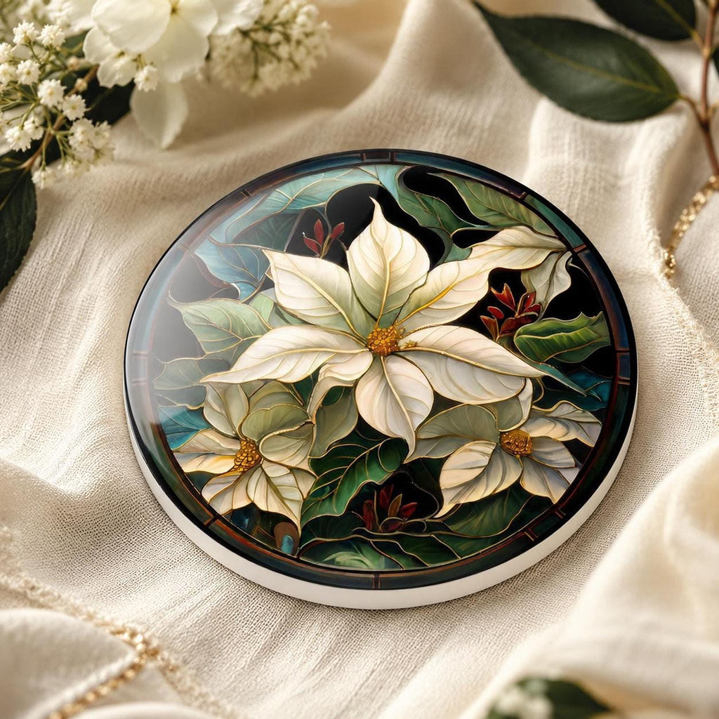 Poinsettia Coaster, White Ceramic Holiday Decor with Cork Backing