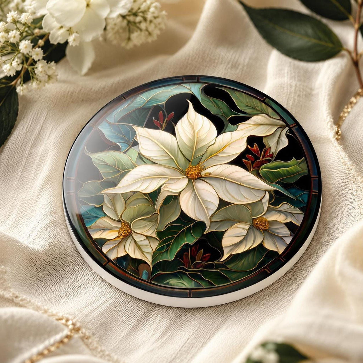 Poinsettia Coaster, White Ceramic Holiday Decor with Cork Backing