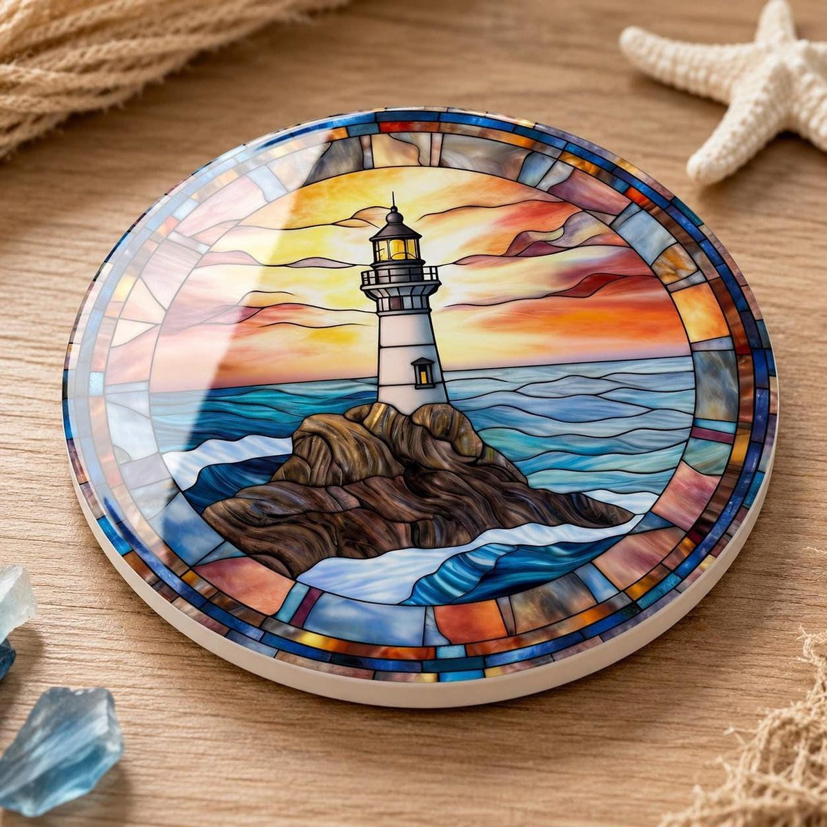 Lighthouse Coaster, Ceramic Ocean Wave Decor in 3.6–4.25 Inch Glossy or Matte